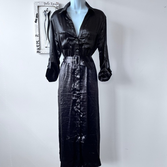 HYFVE Black Satin Belted Long Sleeve Button Down Midi Shirtdress Size M - Picture 1 of 8